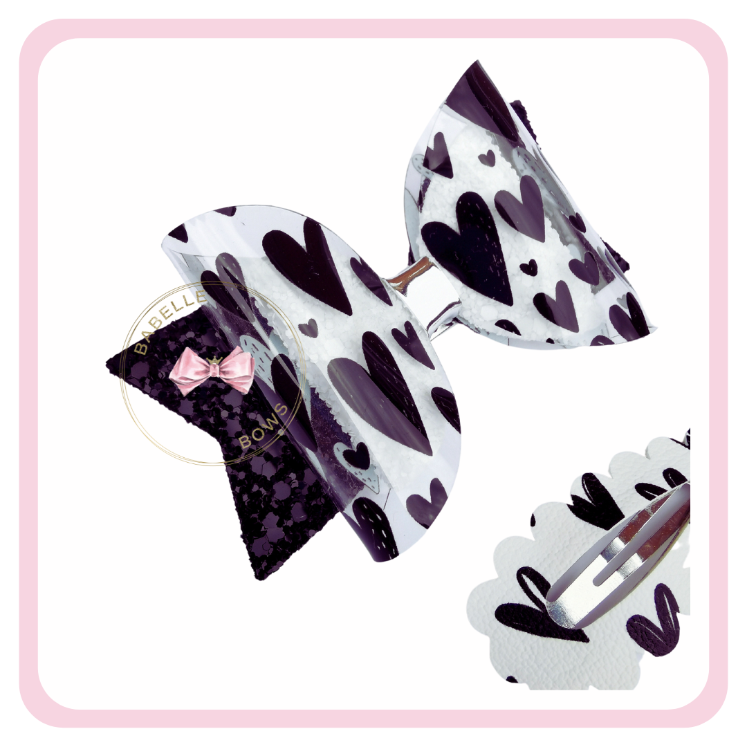 Monochrome Black Hearts Hair Bow and Snap Clips