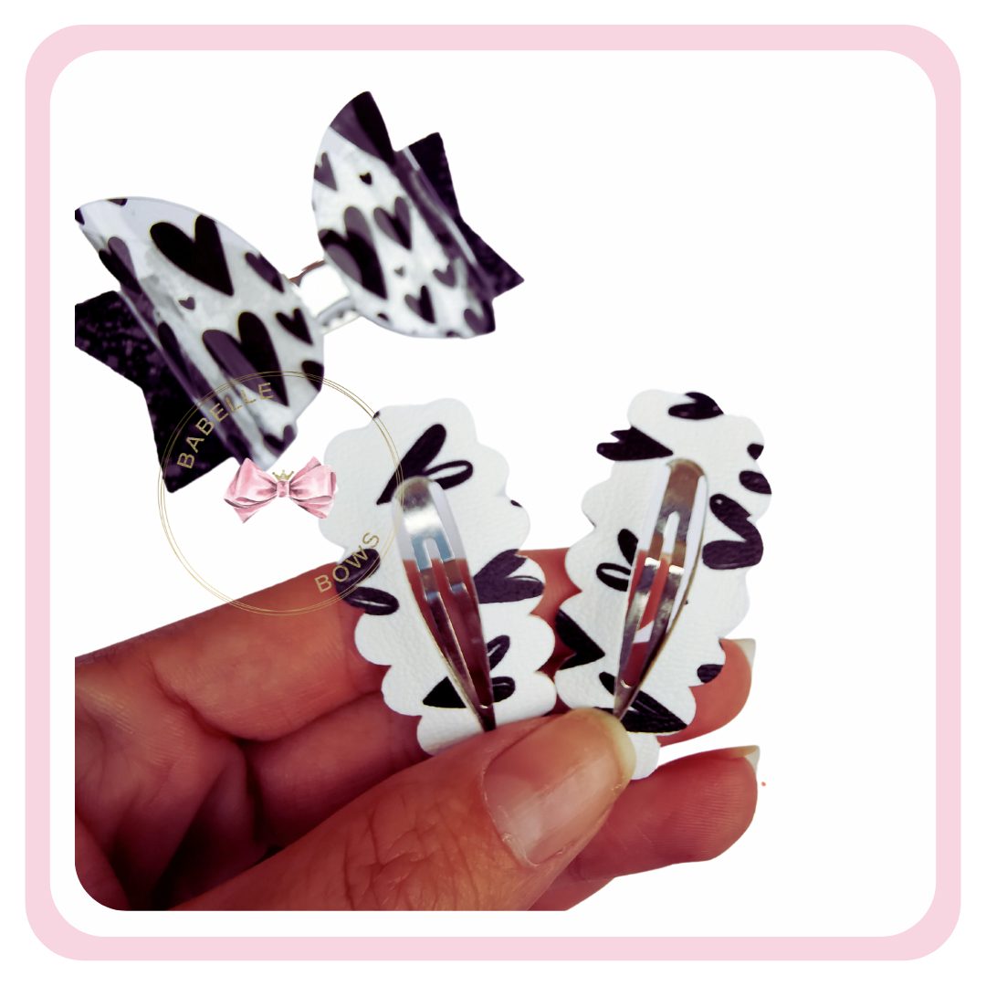 Monochrome Black Hearts Hair Bow and Snap Clips