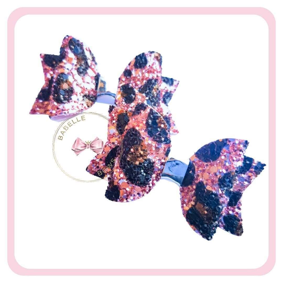 BaBelle Bows Hair Claws & Clips Pair of Pink All Things Wild | Leopard Print Glittery Small Hair Bows for Girls